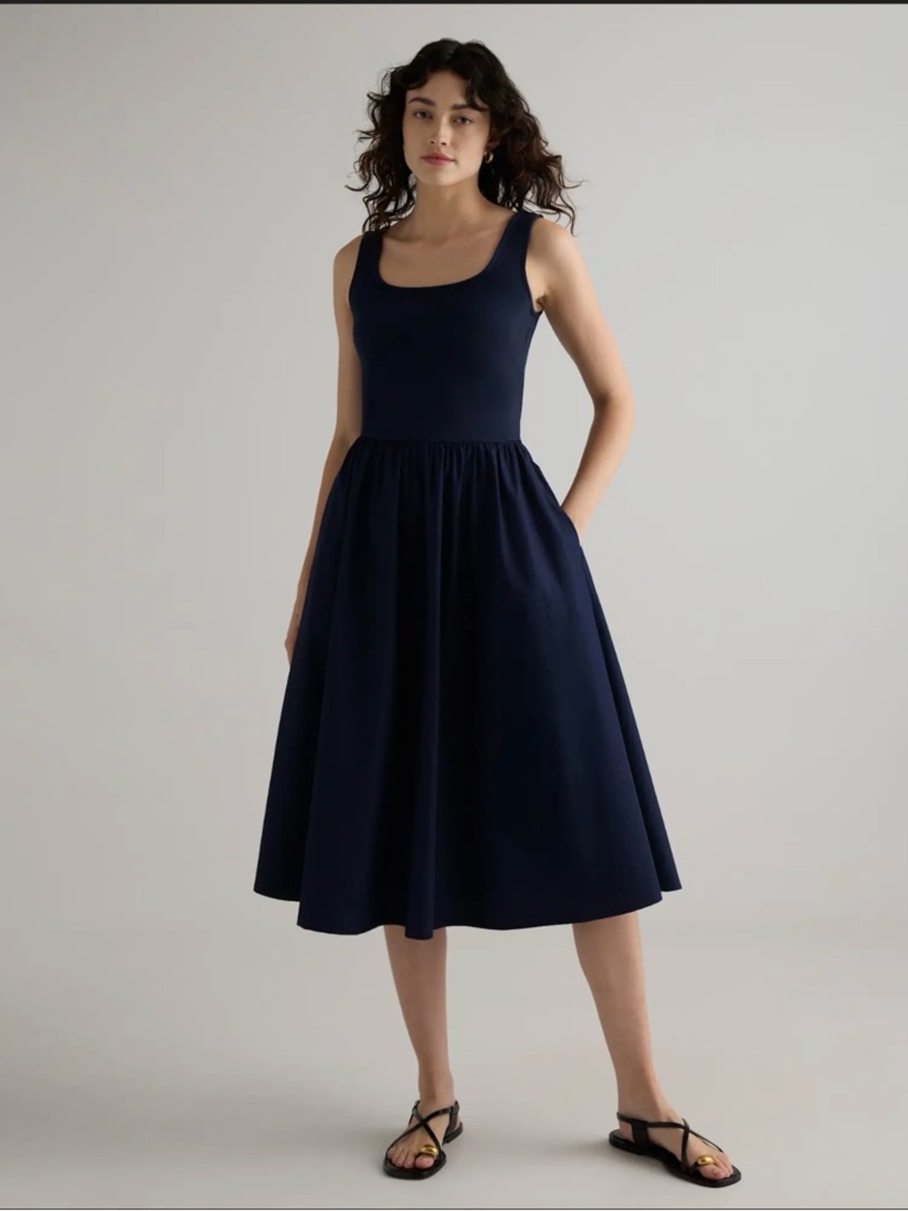 Quince Mixed Media Tank Midi Dress in Black Size Large 563
